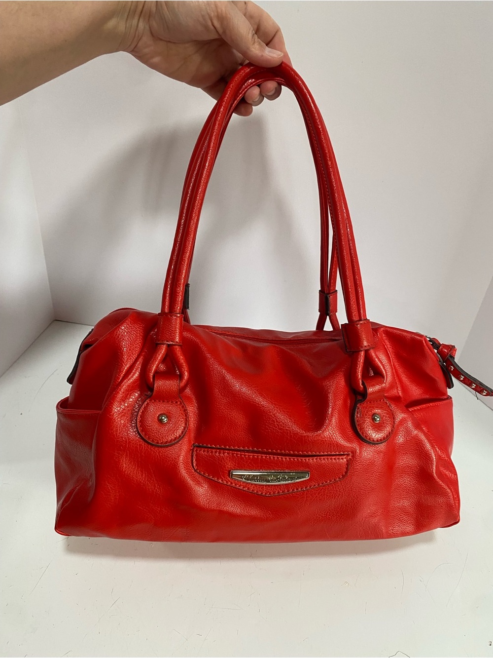 Kathy Van Zeeland Red Double Handle Purse Shoulder Bag Studded Corners READ